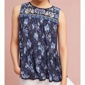 Anthropologie One September Swing Top Embroidered Floral Blues L